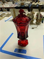 Tall Red Coin Glass Covered Candy Dish