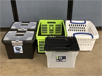 3 Plastic Storage Totes W/Lids & 2 Baskets