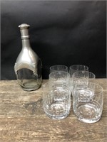 Metal covered decanter & 6 cocktail tumblers