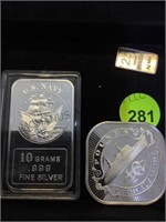 U.S. NAVY 10G SILVER BAR, CUNARD SILVER COIN