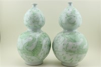 Pr. Double Gourd Dragon Vases. Celadon