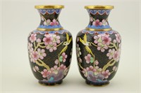 Pr Cloisonne Vases w/Cherry Blossoms & Birds