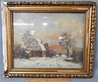 Antique Signed Winter Sunset Oil Painting