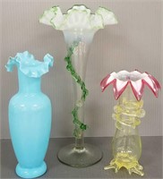 3 Victorian art glass vases - 12 1/2" tallest,