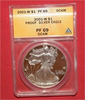 2001W Proof Silver Eagle  PF69  DCAM   ANACS