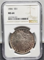 1886 Slab Morgan Silver Dollar NGC MS64