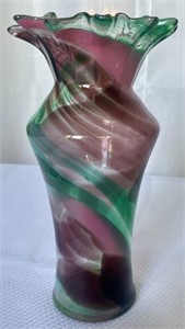Mid Century Art Glass Vase Green & Maroon Swirl