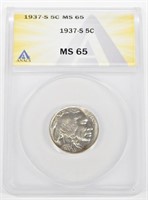 1937-S BUFFALO NICKEL - ANACS MS65