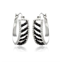 Silver White Enamel Black Stripe Hoop Earrings