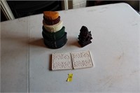 Cast iron door stop, red figurine, coasters