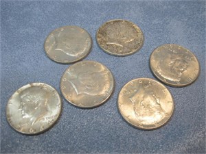 Six 1964 Kennedy Half Dollars 90% Silver