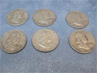Six Franklin Silver Half Dollars 90% Silver