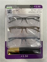 RETRO LIGHT READING GLASSES 3 PACK +2.50