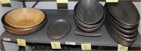 Shelf lot: 2 metal & 1 wdn large serving bowls