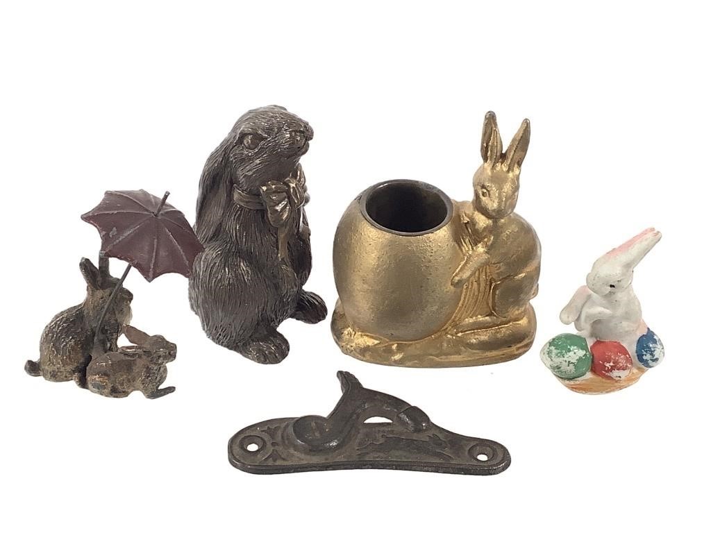 5 Rabbit Bunny Figurines + Metal, Porcelain