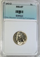 1943-D JEFFERSON NICKEL, EMGC SUPERB GEM BU+