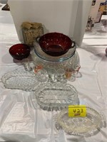 RUBY RED BOWLS, PRESSED GLASS, ICE BLOCK DÉCOR,