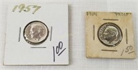 2 Roosevelt U S Silver Dimes - 1964 Proof & 1957