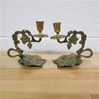 2 Antique Brass Verdigris Candle Holders