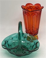 (GH) Colored Glass Vase and Basket 9” and 7”