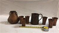 Hammered copper pot with pitcher and 6 tumblers