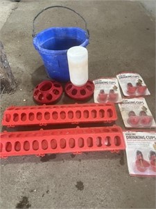 Chicken feeders, watering supplies, bucket