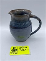 MORGAN POTTERY BLUE IN COLOR PITCHER 7IN TALL BY 4