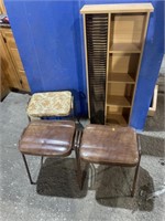 Large CD stand, three stocking stools