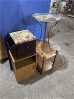 Two small end tables, plant stand with glass