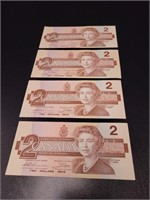 1986 Canadian 2$ Bills x 4