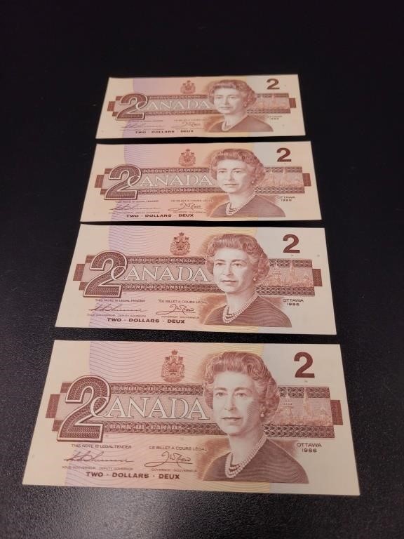 1986 Canadian 2$ Bills x 4