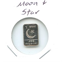 1 gram Silver Bar - Moon & Star, .999 Fine Silver