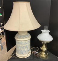 Blue Spongeware Stoneware Lamp, Milk Glass Lamp.