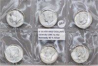 (6) Silver Kennedy Half Dollars.