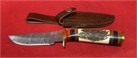 Damascus Knife w/ Leather Sheath 4" Blade