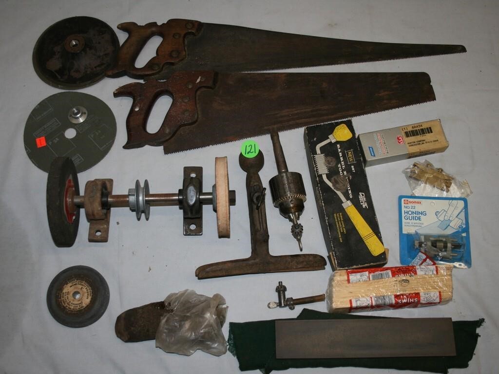 hand saws, belt driven grinder wheels