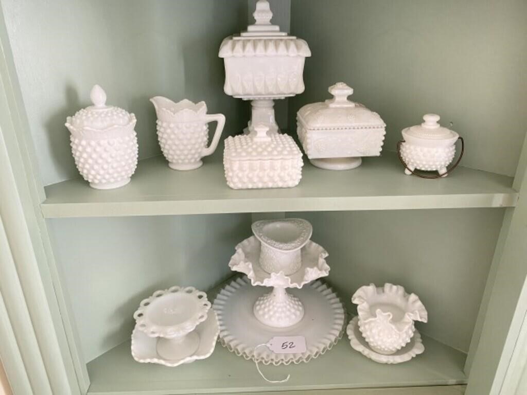 2 Shelves of Milkglass