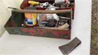2 old tool boxes axe head, multimeter, sockets,