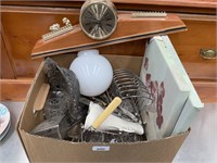 BOX OF ASSORTED CHINA , PLATED WARE AND CLOCK