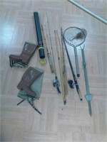 Fishing poles, fish net, waders, pole case and