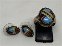 Sterling Silver Multi Stone Inlay Earrings & Ring