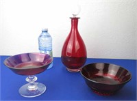 Art Glass Decanter, Vintage Ruby Red Bowl &