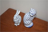 Handpainted Blue & White Bunny & Cat