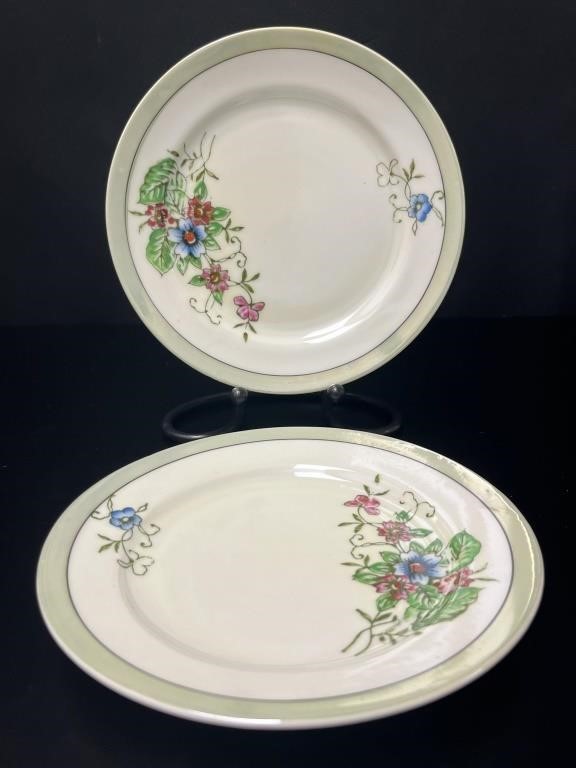 2 Yamaka Green Floral Plates, Occupied Japan