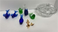 Glass covered dish, blue and green glass animals