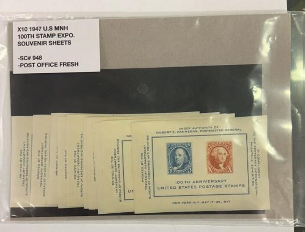 1947 US MNH 100th Stamp Expo Sheets