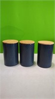 3 New Blue Cannisters with Bamboo Tops 8" Tall