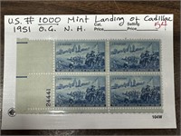 1000 STAMP BLOCK LANDING OF CADILLAC 1951 OG NH