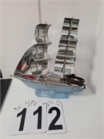 Blue Glass Ship ~ Chrome Sails 14 X 14