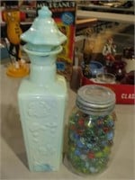 JAR OF MARBLES & DECANTER
